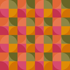 Seamless bright hello autumn holiday party pattern with  bauhaus circle and square orange and pink shapes on green background. For bed linen and gift or wrapping paper.
