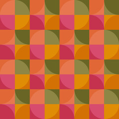 Seamless bright hello autumn holiday party pattern with  bauhaus circle and square orange and pink shapes on green background. For bed linen and gift or wrapping paper.