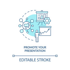 Promote your presentation turquoise concept icon. Information. Marketing case study abstract idea thin line illustration. Isolated outline drawing. Editable stroke. Arial, Myriad Pro-Bold fonts used