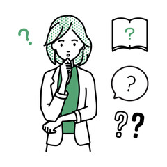 立って手をあごにあてて疑問を感じているジャケットの女性 クエスチョンマークのセット