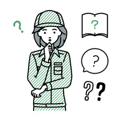 立って手をあごにあてて疑問を感じている作業員の女性 クエスチョンマークのセット