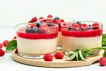 Raspberry Panna cotta with raspberry jelly on a light background. Berry dessert with cream sauce in small jars. place for text