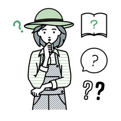 立って手をあごにあてて疑問を感じている農家の女性 クエスチョンマークのセット