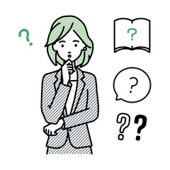 立って手をあごにあてて疑問を感じているスーツの女性 クエスチョンマークのセット