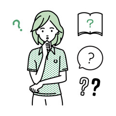 立って手をあごにあてて疑問を感じているポロシャツの女性 クエスチョンマークのセット