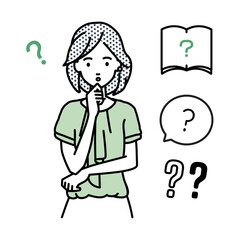 立って手をあごにあてて疑問を感じているオフィスカジュアルの女性 クエスチョンマークのセット