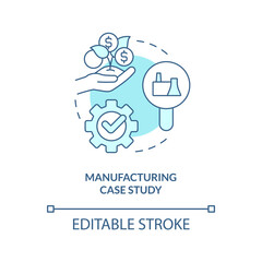Manufacturing case study turquoise concept icon. Industrial processes analytics abstract idea thin line illustration. Isolated outline drawing. Editable stroke. Arial, Myriad Pro-Bold fonts used