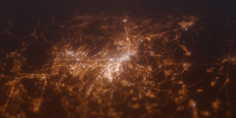 Street lights map of Tbilisi (Georgia) with tilt-shift effect, view from west. Imitation of macro shot with blurred background. 3d render, selective focus - obrazy, fototapety, plakaty