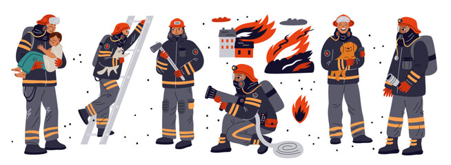 Firefighters situations. Fireman characters extinguish fire in protective uniform. Men with rescue children and animals from burning house. Firefighting equipment. Garish vector set