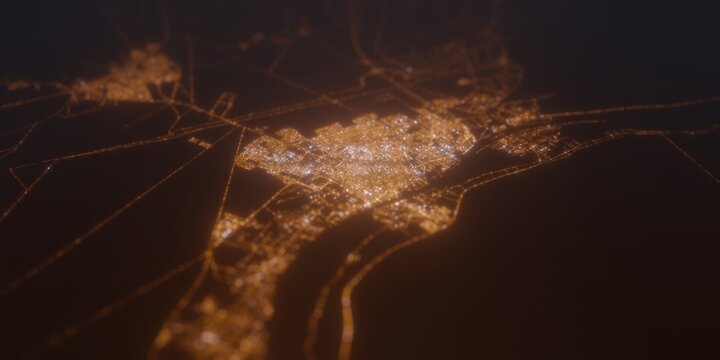 Street lights map of Basra (Iraq) with tilt-shift effect, view from east. Imitation of macro shot with blurred background. 3d render, selective focus