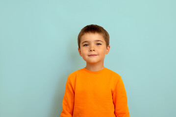 portrait of a child on a light blue background copy space. portrait of a little boy 5 years old