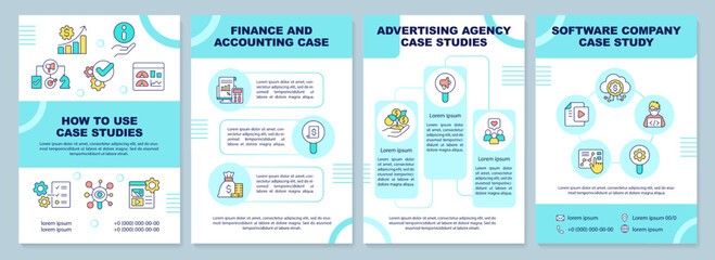 Implementation of case study turquoise brochure template. Leaflet design with linear icons. Editable 4 vector layouts for presentation, annual reports. Arial-Black, Myriad Pro-Regular fonts used