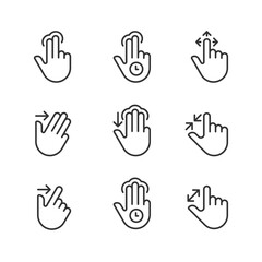Obraz premium Multitouch gestures pixel perfect linear icons set. Touchscreen control. Tablet and phone navigation. Customizable thin line symbols. Isolated vector outline illustrations. Editable stroke