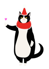クリスマスパーティで浮かれる白黒猫　背景透明PNG