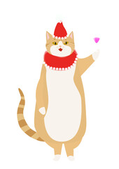 クリスマスパーティで浮かれる茶白猫　背景透明PNG