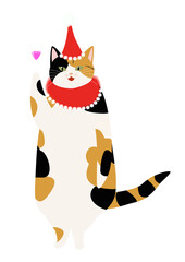 クリスマスパーティで浮かれる三毛猫　背景透明PNG