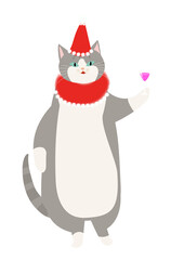 クリスマスパーティで浮かれるグレー猫　背景透明PNG