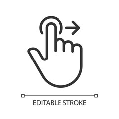 Move to right pixel perfect linear icon. Smartphone interaction. Touchscreen control. Swipe and slide. Thin line illustration. Contour symbol. Vector outline drawing. Editable stroke. Arial font used