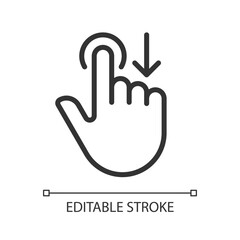 Move downwards pixel perfect linear icon. Swipe down. Touchscreen controlling gesture. Drag and draw. Thin line illustration. Contour symbol. Vector outline drawing. Editable stroke. Arial font used