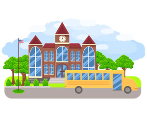 School building with school bus and manicured plants around the school, clipart, school illustration with usa flag, poster