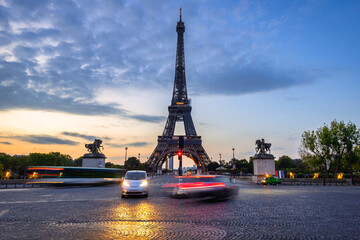 Eiffel Tower in Paris at sunrise. France