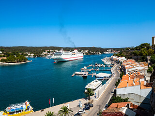 Spain, Mediterranean Sea, Balearic Islands, Menorca, Mahon, Port de Mao, view of the port from Parc...
