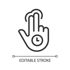 Double finger holding pixel perfect linear icon. Two fingers long tap. Digital device navigation. Thin line illustration. Contour symbol. Vector outline drawing. Editable stroke. Arial font used