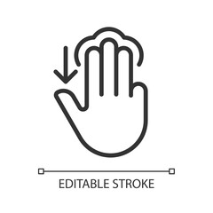 Obraz premium Three finger touch downwards pixel perfect linear icon. Swipe down. Electronic device control. Thin line illustration. Contour symbol. Vector outline drawing. Editable stroke. Arial font used
