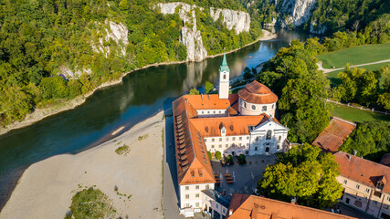 Aerial view of Weltenburg Monastery, Benedictine Abbey, on the Danube, Kelheim, Bavaria, Germany