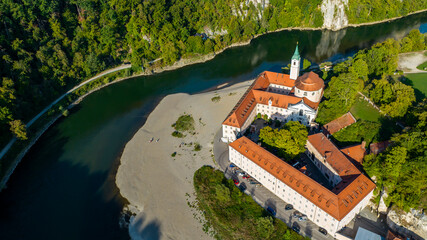 Aerial view of Weltenburg Monastery, Benedictine Abbey, on the Danube, Kelheim, Bavaria, Germany © David Brown