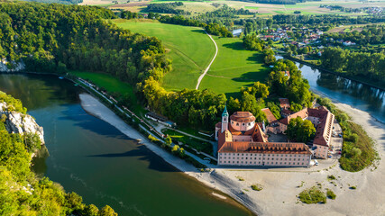 Aerial view of Weltenburg Monastery, Benedictine Abbey, on the Danube, Kelheim, Bavaria, Germany © David Brown