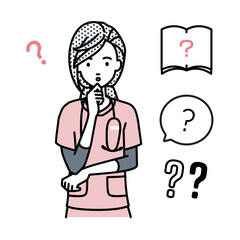 立って手をあごにあてて疑問を感じている看護師の女性 クエスチョンマークのセット