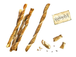 Bread sticks clip art. Watercolor illustration. Homemade cakes. For website design, menus, stickers, cards, etc.
