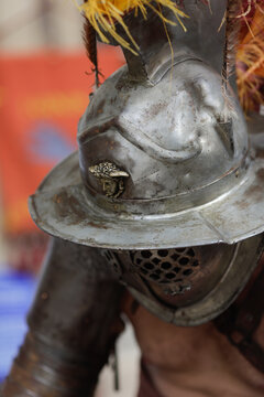 Ancient Roman gladiator during a historic reenactment event.