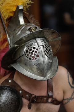 Ancient Roman gladiator during a historic reenactment event.