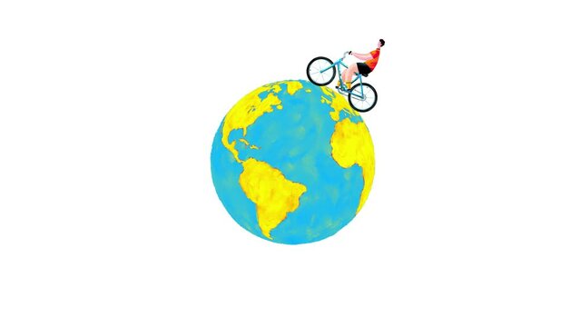 Man character animated riding a bicycle around the earth planet globe. Paint hand made cartoon style seamless loop isolated. Good for titles journey travel theme. Motion design graphic animation.
