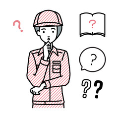 立って手をあごにあてて疑問を感じている作業員の女性 クエスチョンマークのセット