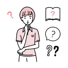 立って手をあごにあてて疑問を感じているポロシャツの女性 クエスチョンマークのセット