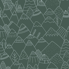 Seamless pattern with mountains in Scandinavian style. Mountain landscape. Cute decorative background with landscape.  Design for fabric, wallpaper or wrap paper.
