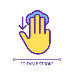 Fototapeta premium Three finger touch downwards pixel perfect yellow RGB color icon. Swipe down. Electronic device control. Touchscreen. Silhouette symbol on white space. Solid pictogram. Vector isolated illustration