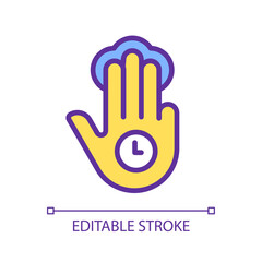 Three finger holding pixel perfect yellow RGB color icon. Multi touch technology. Tap and hold. Long press. Touchscreen. Silhouette symbol on white space. Solid pictogram. Vector isolated illustration