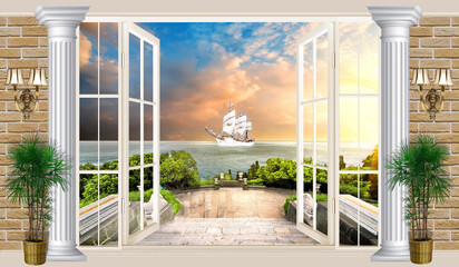 Digital mural. Seascape at sunset. Photo wallpapers. The fresco.