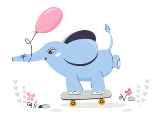 A fabulous baby elephant with a balloon rides a skateboard. Happy birthday card