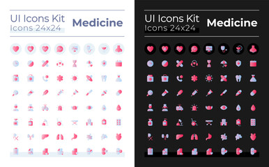 Medicine flat gradient two-color ui icons set for dark, light mode. Medical treatment. Vector isolated RGB pictograms. GUI, UX design for web, mobile. Montserrat Bold, Light fonts used