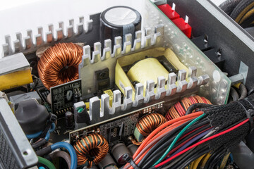 disassembled Computer Power Supply Unit, close up