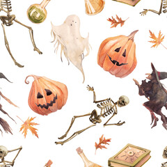 Halloween seamless pattern. Watercolor repeating texture with ghost, pumpkins, autumn leaves, witch, skeleton, poisons. Witch wallpaper design