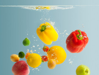 fresh fruits and vegetables falling into water with air bubbles on blue background.