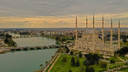 Adana Seyhan river, Stone Bridge and Sabancı Central Mosque
