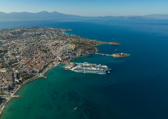 Fototapeta na wymiar Cruise Ship in the Kusadasi Marina Drone Photo, Kusadasi Aydin, Turkey