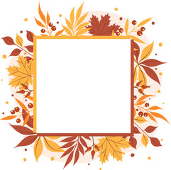Naklejka na ściany i meble Autumn leaves frame, copy space. Square shape with beautiful bright leavesaround. Design for greeting card or promotional poster. 
